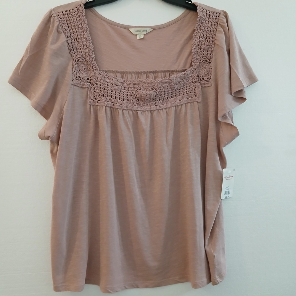 NWT Lucky Brand Lady Shirt Pullover SZ XL rosewood Crochet Front Yolk Back Yolk